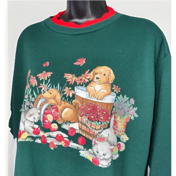 VTG Basic Editions LG Green Crew Boxy Ugly Sweater Holiday Puppy Kitten Winter - Picture 3 of 8